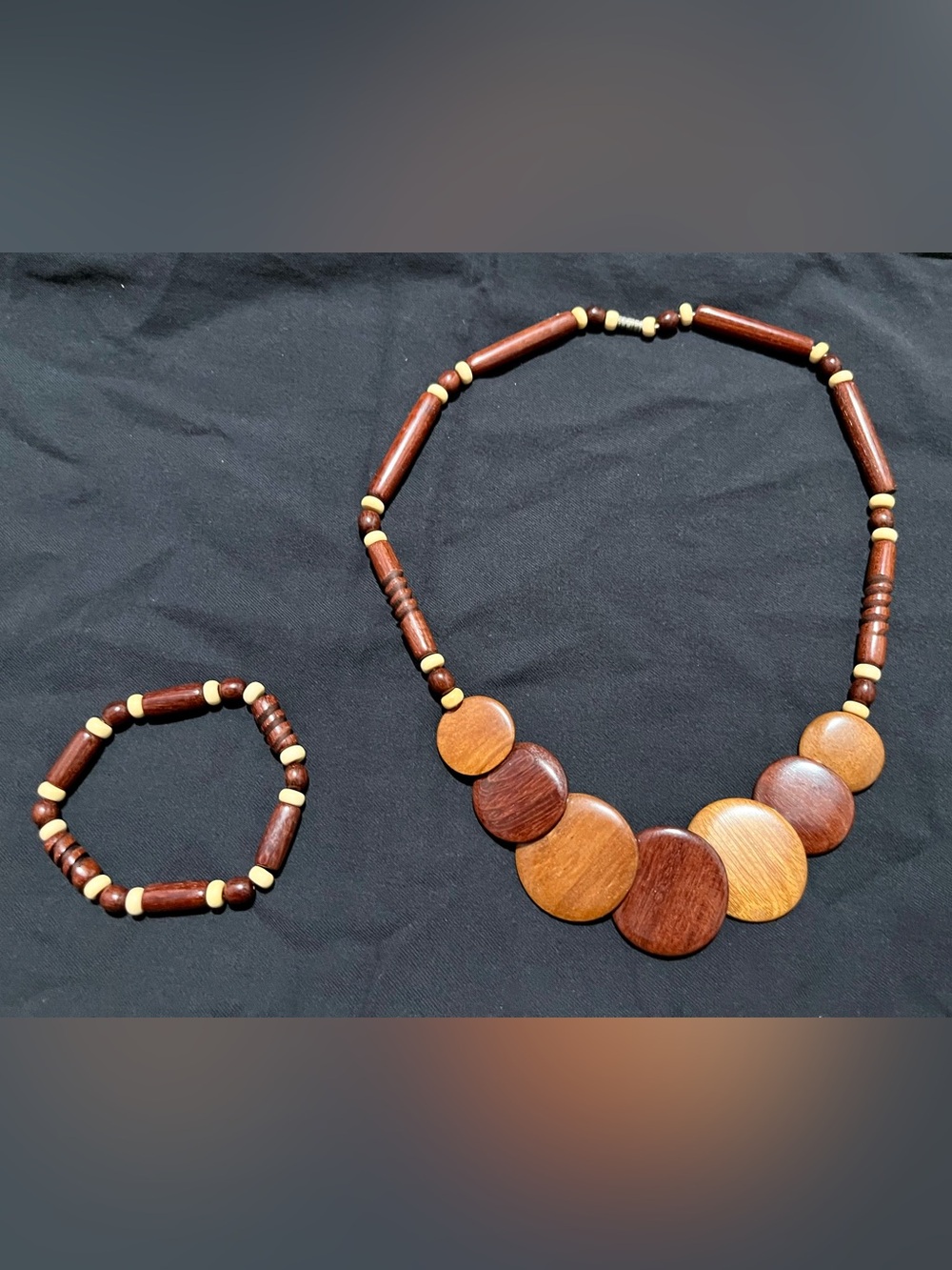 Vintage Brown Wood Statement Necklace & Bracelet Set Boho Chunky Beaded Jewelry